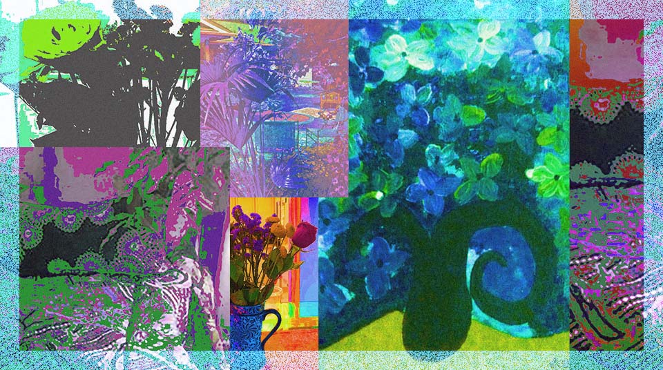 Colorful digital collage of flowers, leafy plants and patterned textiles