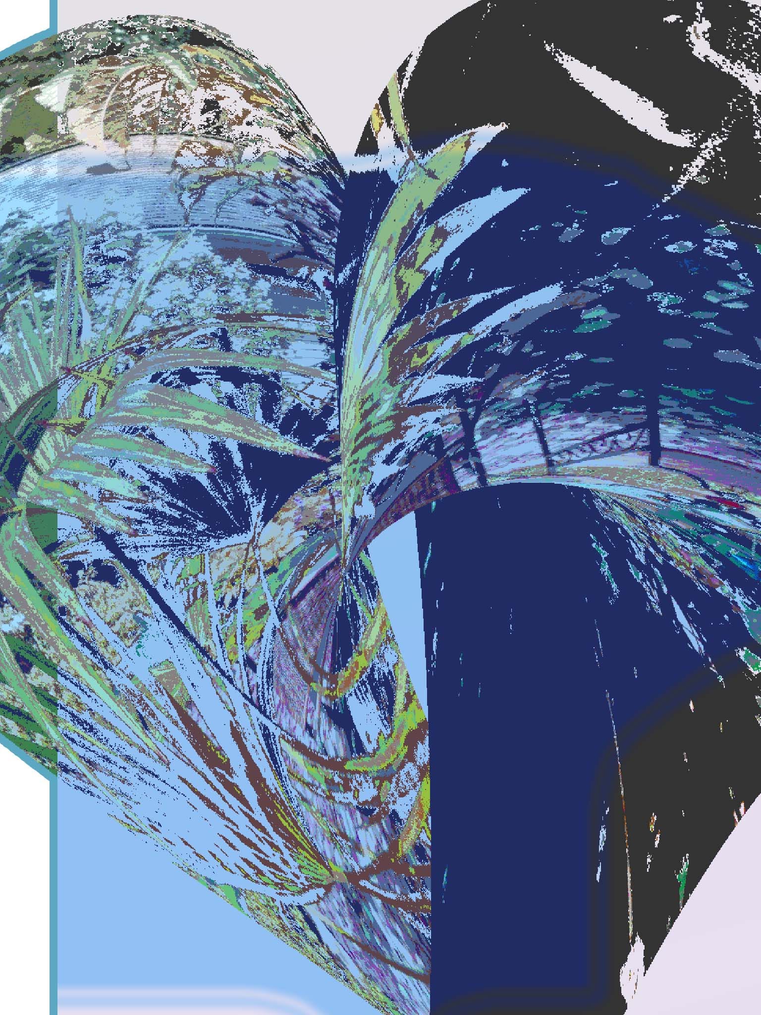 Sweeping abstract garden forms in blue, green, black and lavender