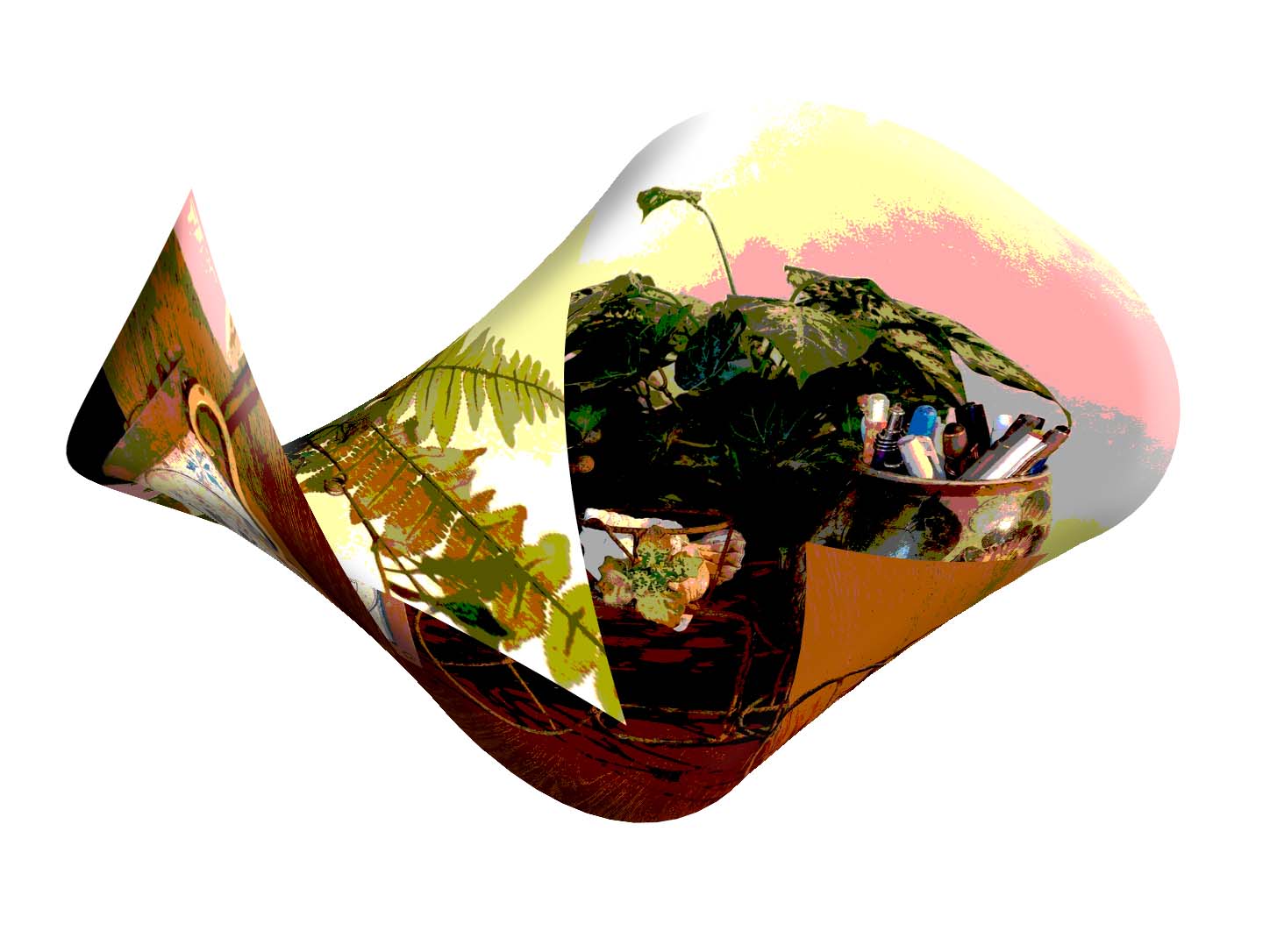The home-page still life rendered as layered curling forms