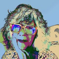 Blue, green and violet digital portrait of L. Anne Greenspan