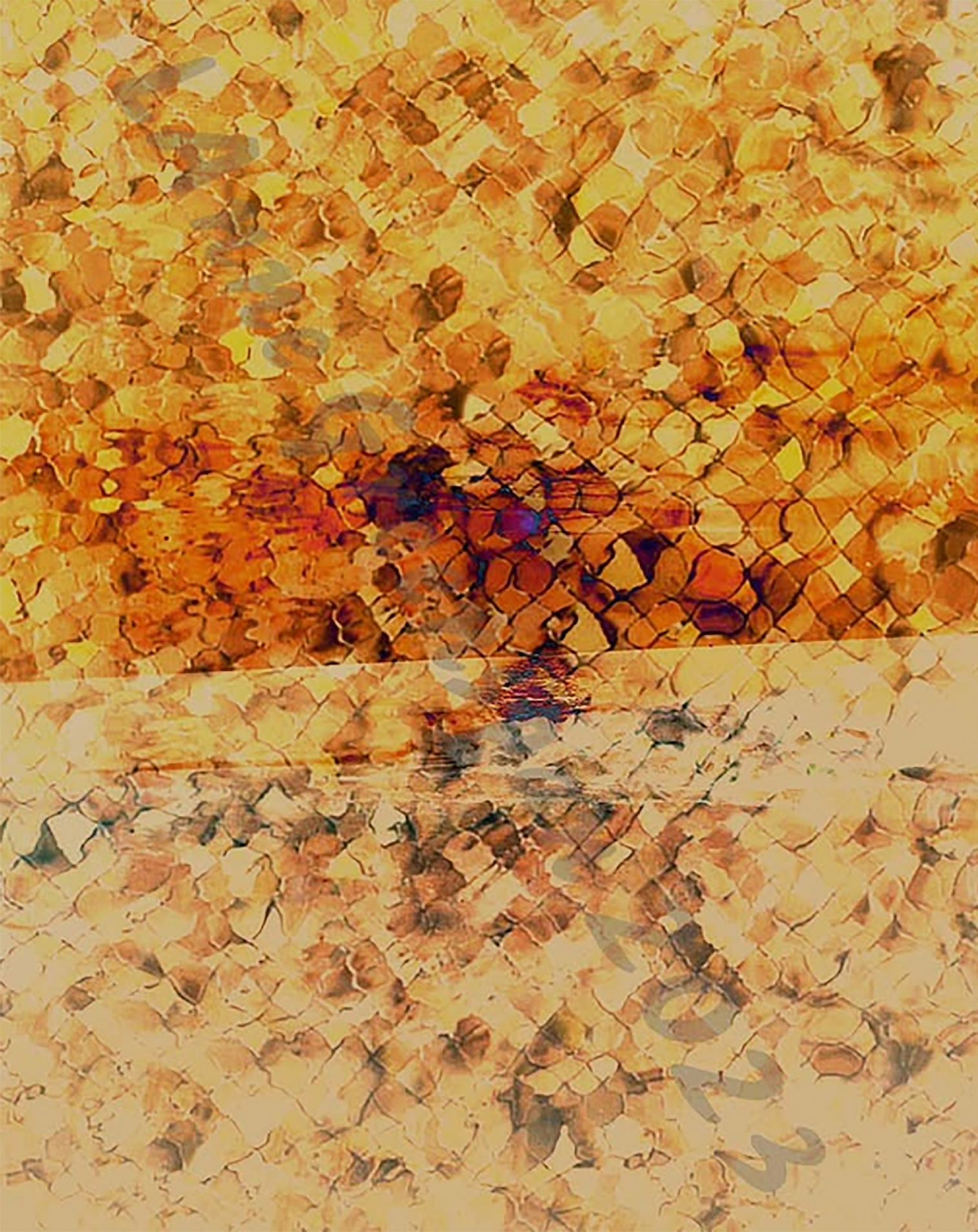 A warm amber and gold mosaic-like moon landscape