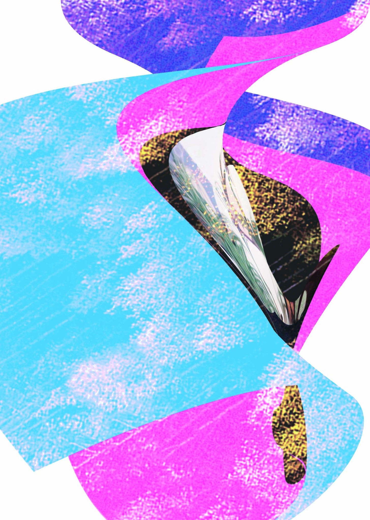 The Arrival, an abstract digital transformation with sweeping turquoise, pink and violet forms and fragments of the original room